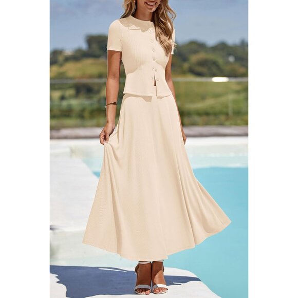 Women’s 2 Piece Knit Skirt Set Summer Crop Top Maxi Skirts Travel Casual - Picture 2 of 8